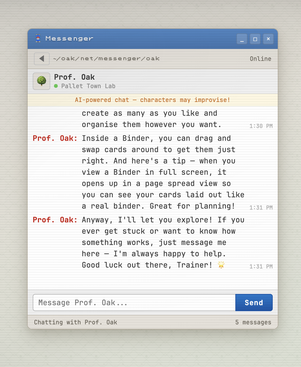 Messenger app — chatting with Prof. Oak