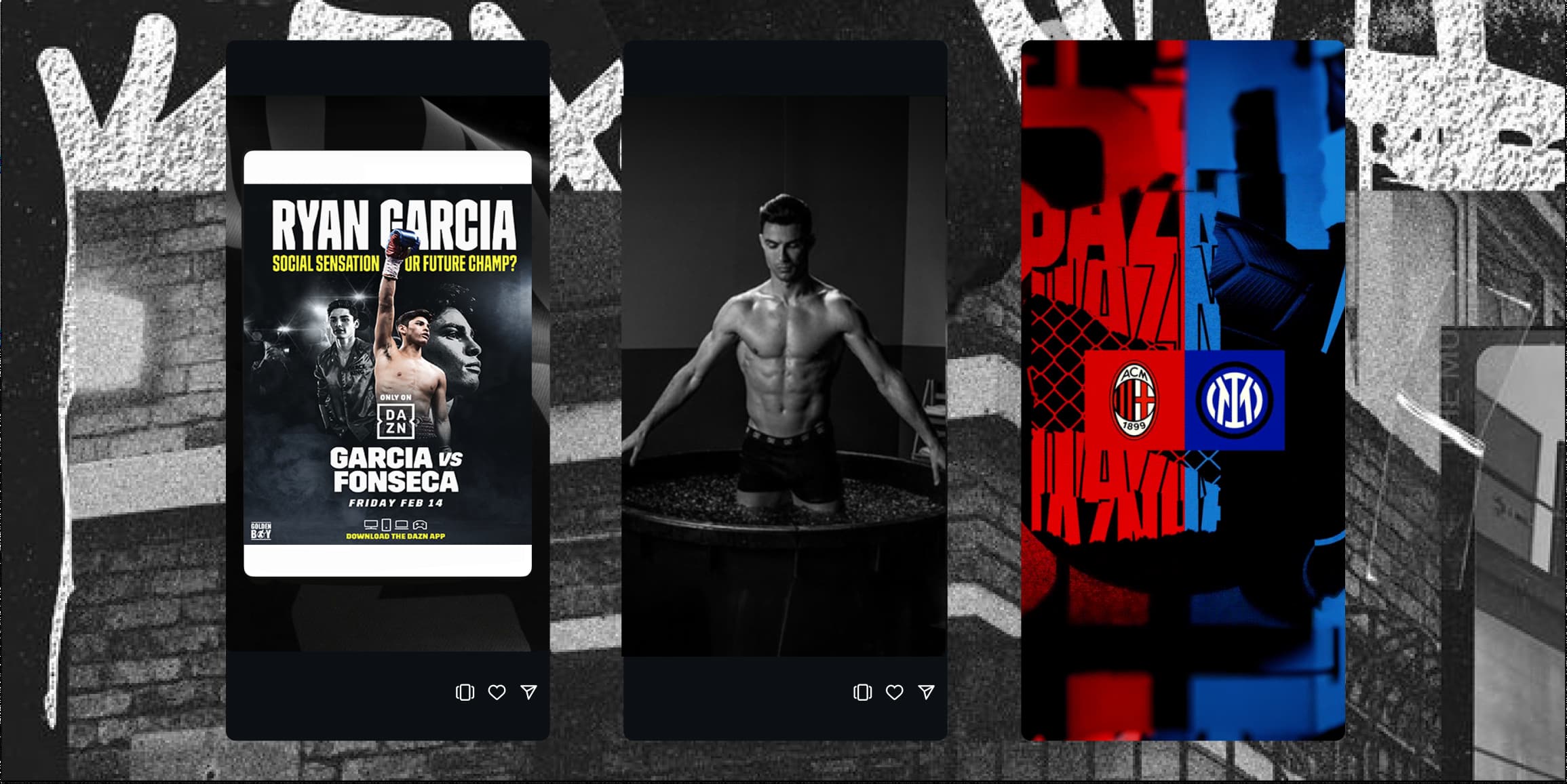 DAZN social content — fight promos, athlete features, and derby graphics