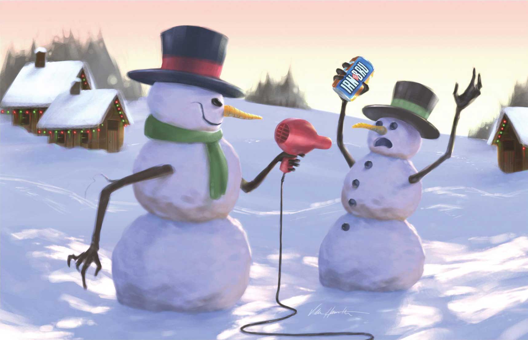 IRN-BRU Christmas card — snowman with hairdryer melting another snowman holding an IRN-BRU
