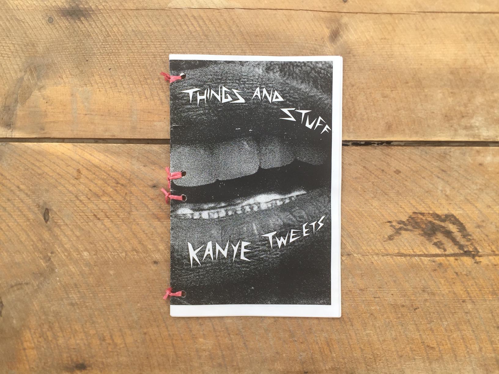 Things and Stuff — zine cover with high-contrast mouth close-up, hand-drawn title, pink thread binding