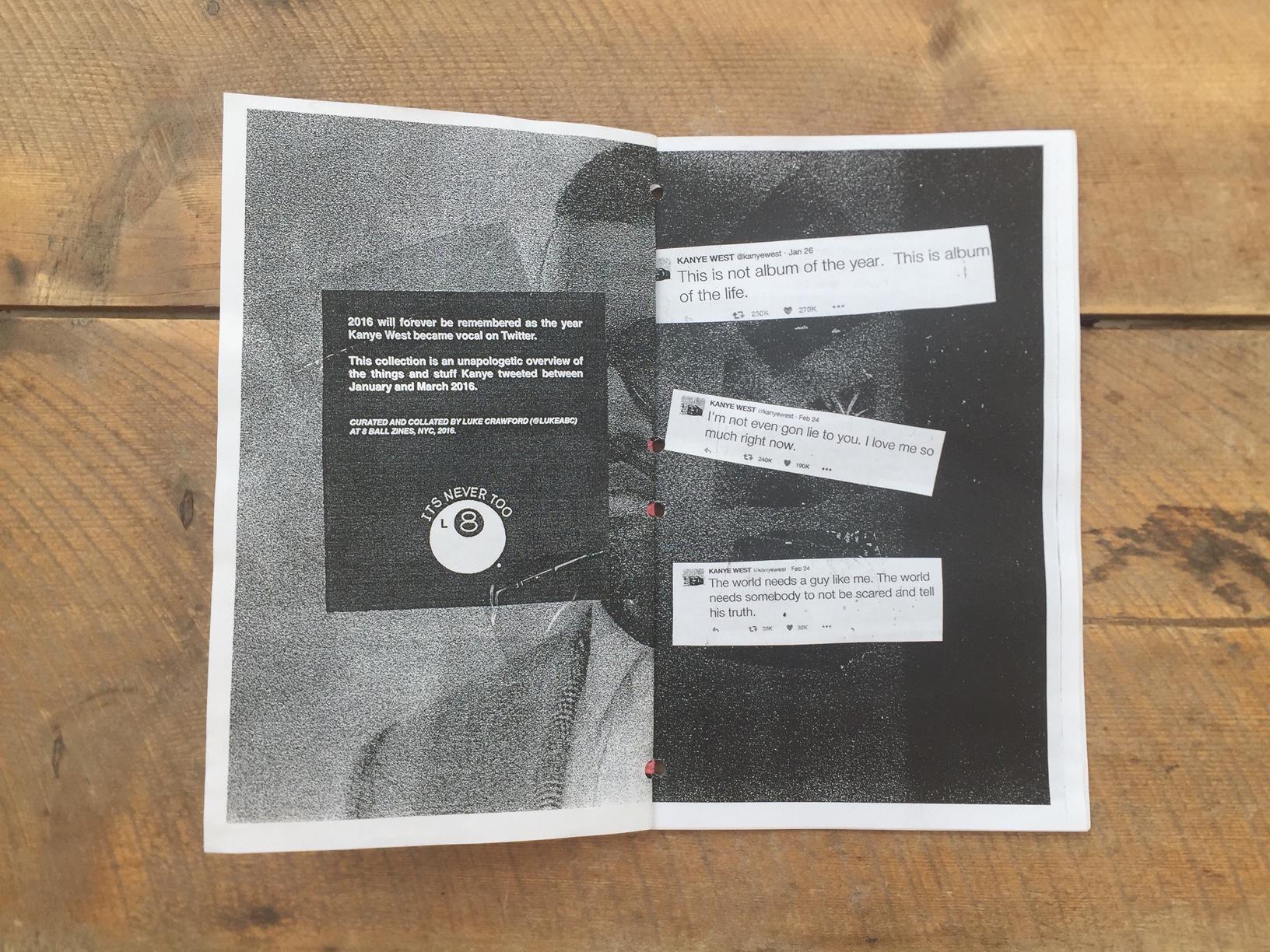 Inside spread — introduction page with 8 Ball logo and first tweet collage