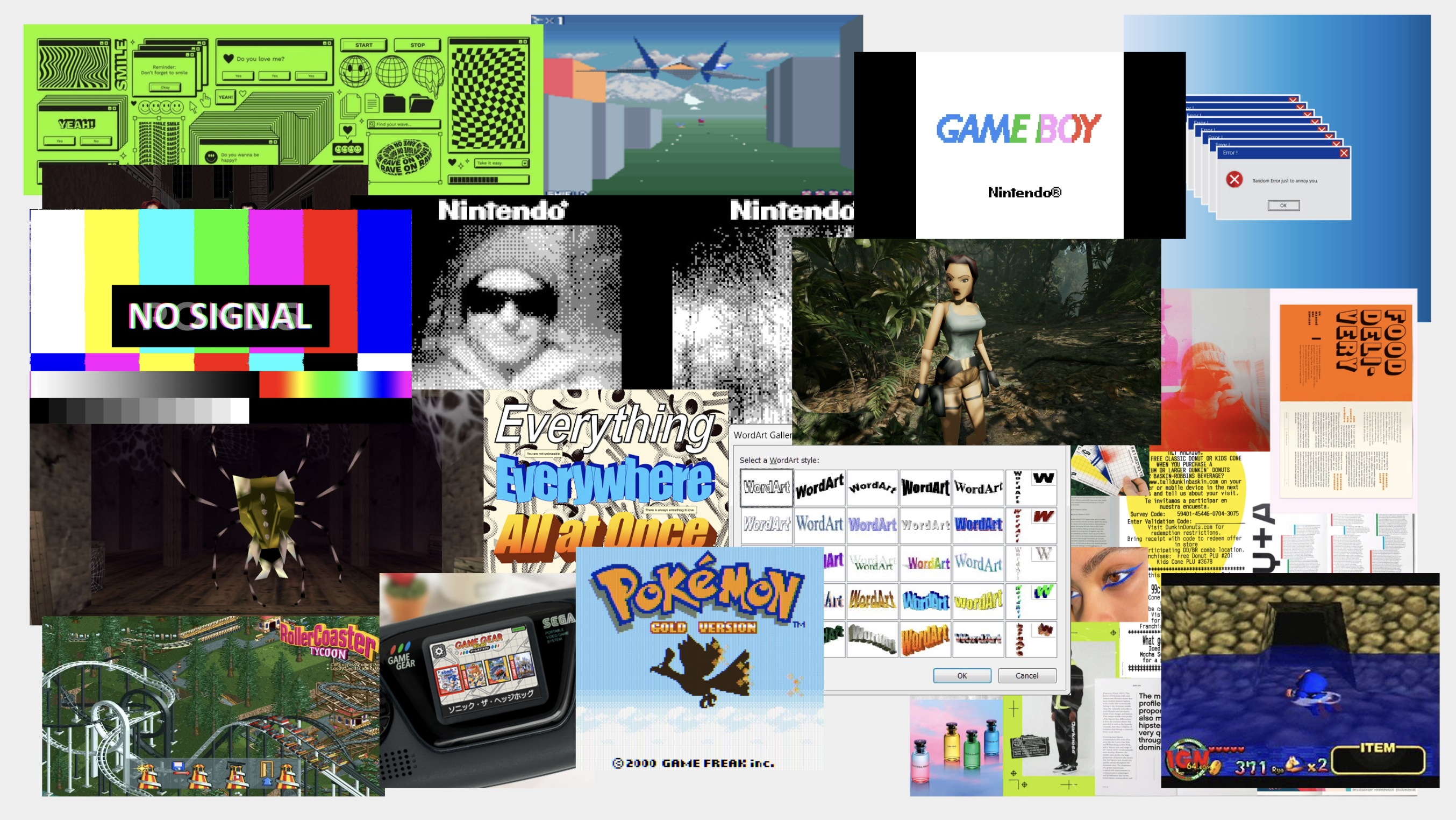 Moodboard — retro gaming, Game Boy, Tomb Raider, Pokémon, WordArt, nostalgia