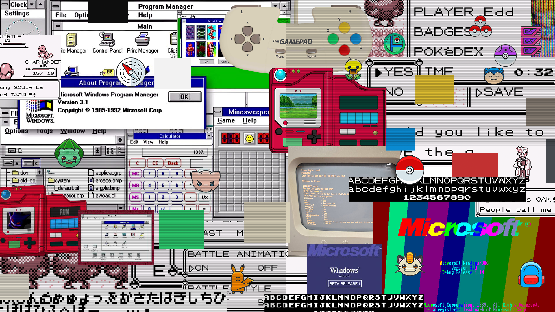 Moodboard — Windows 3.1, retro computing, Pokémon, Minesweeper, Microsoft, pixel art, 90s nostalgia, Game Boy, CRT aesthetics