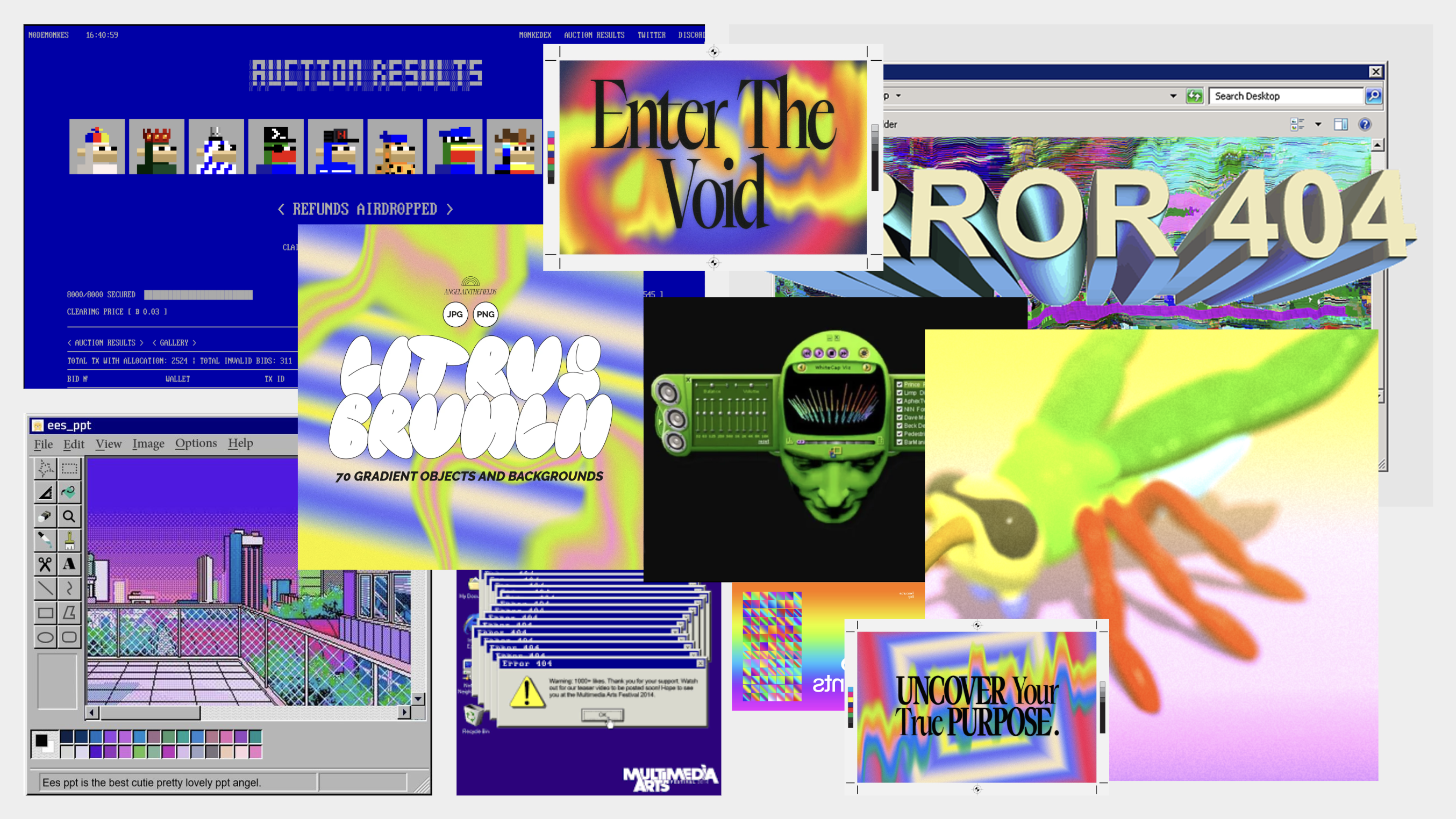 Moodboard — Y2K digital, Enter the Void, glitch, vaporwave, retro interfaces