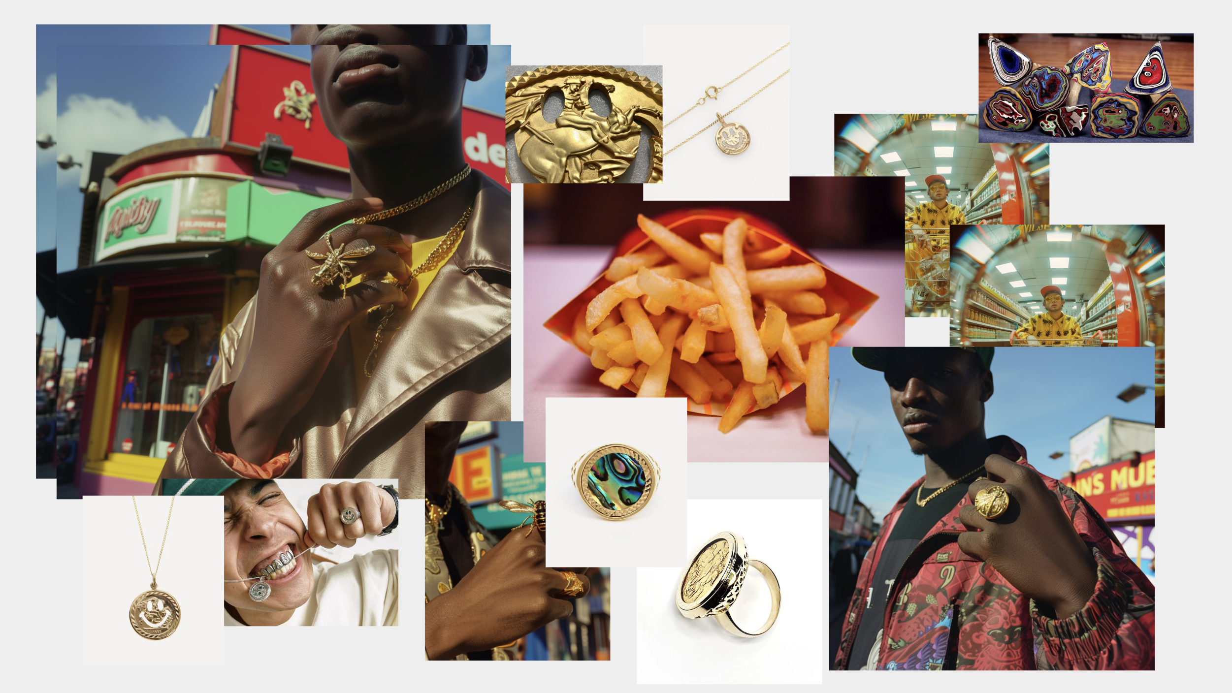 Moodboard — jewellery, street fashion, gold chains, fairground, bold portraiture