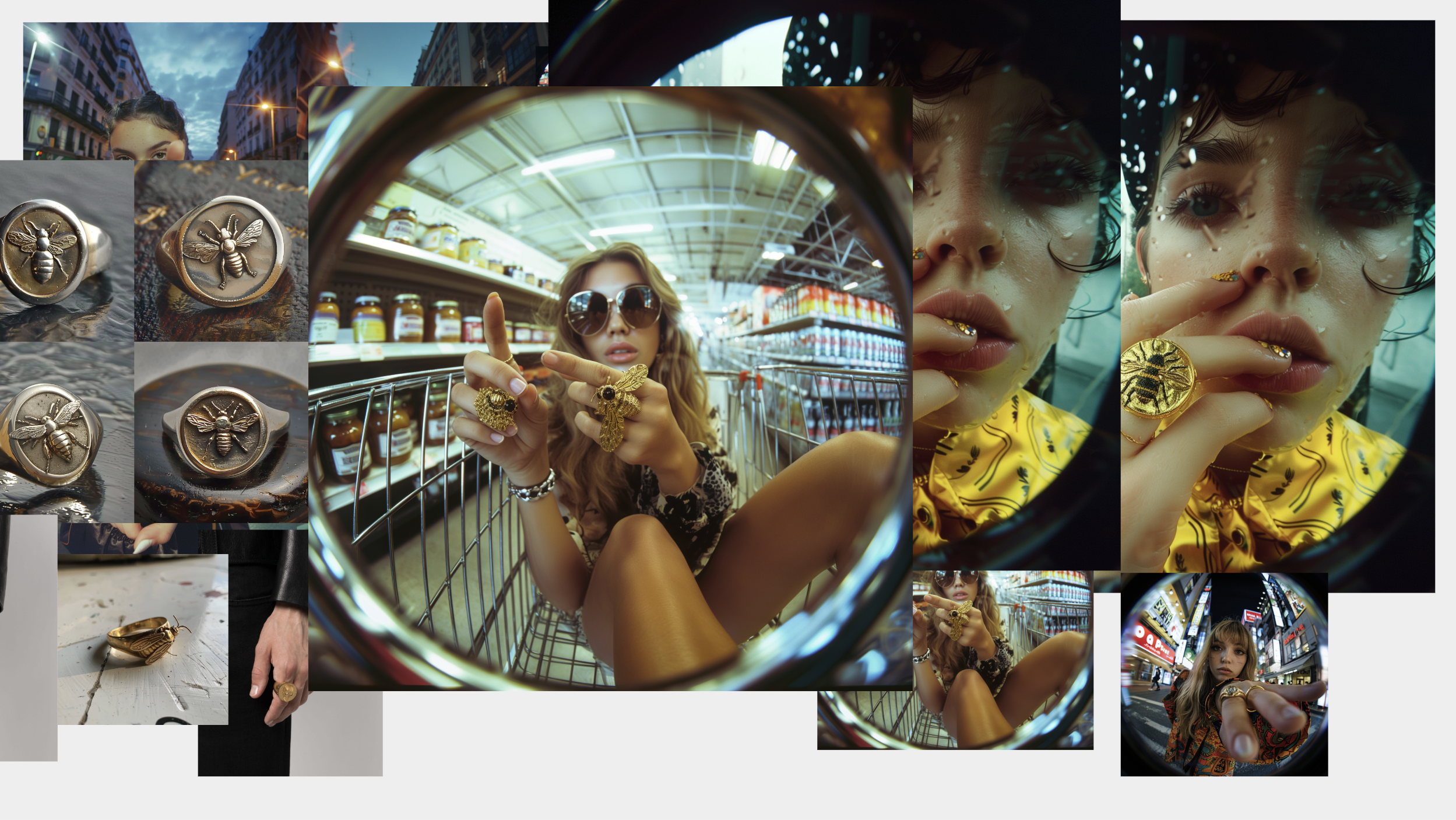 Moodboard — insect jewellery, fisheye lens, editorial fashion, supermarket