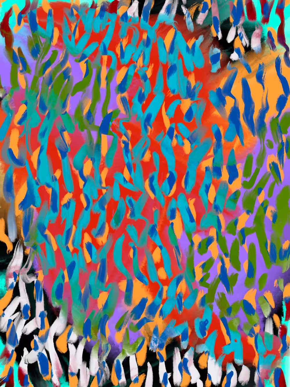 Dense gestural cyan and orange