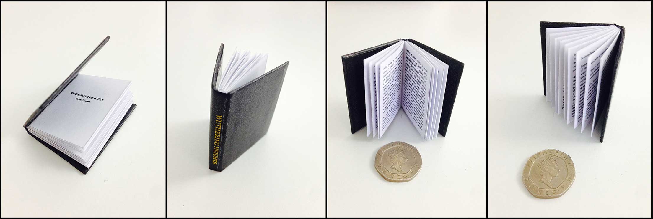 Wuthering Heights miniature book — four angles showing title page, leather spine with gold lettering, open spreads with readable text, and 20p coin for scale